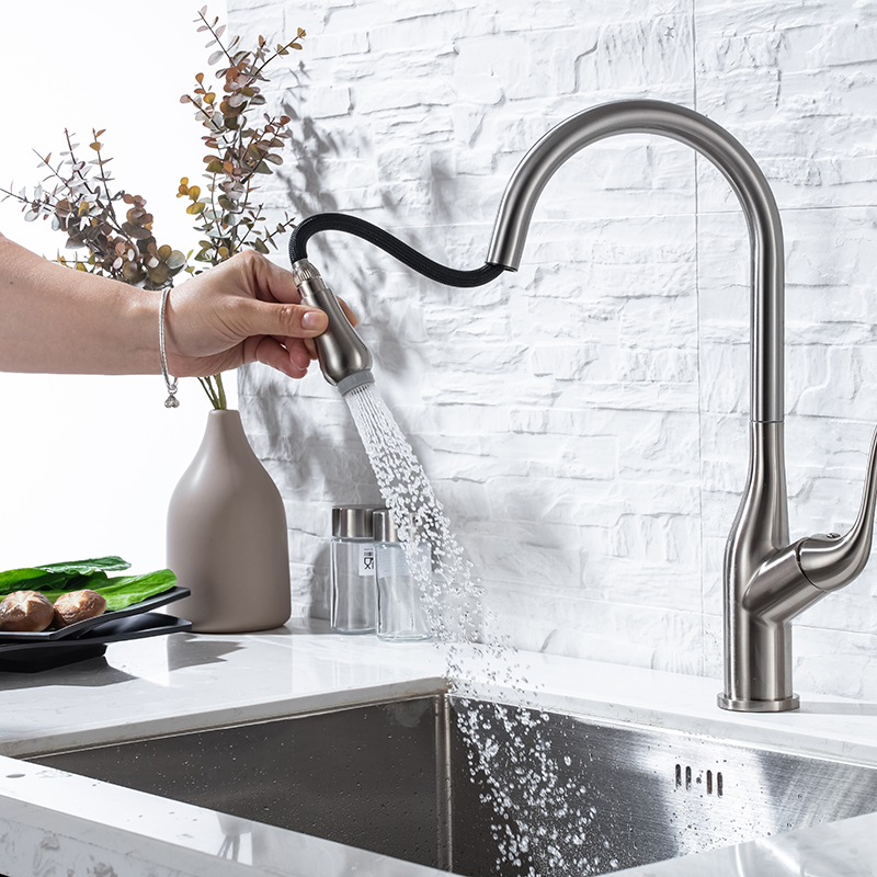 Brushed Nickel Modern European Style Design Sink Basin Kitchen Faucets Bifunctional Pull Out Single Handle