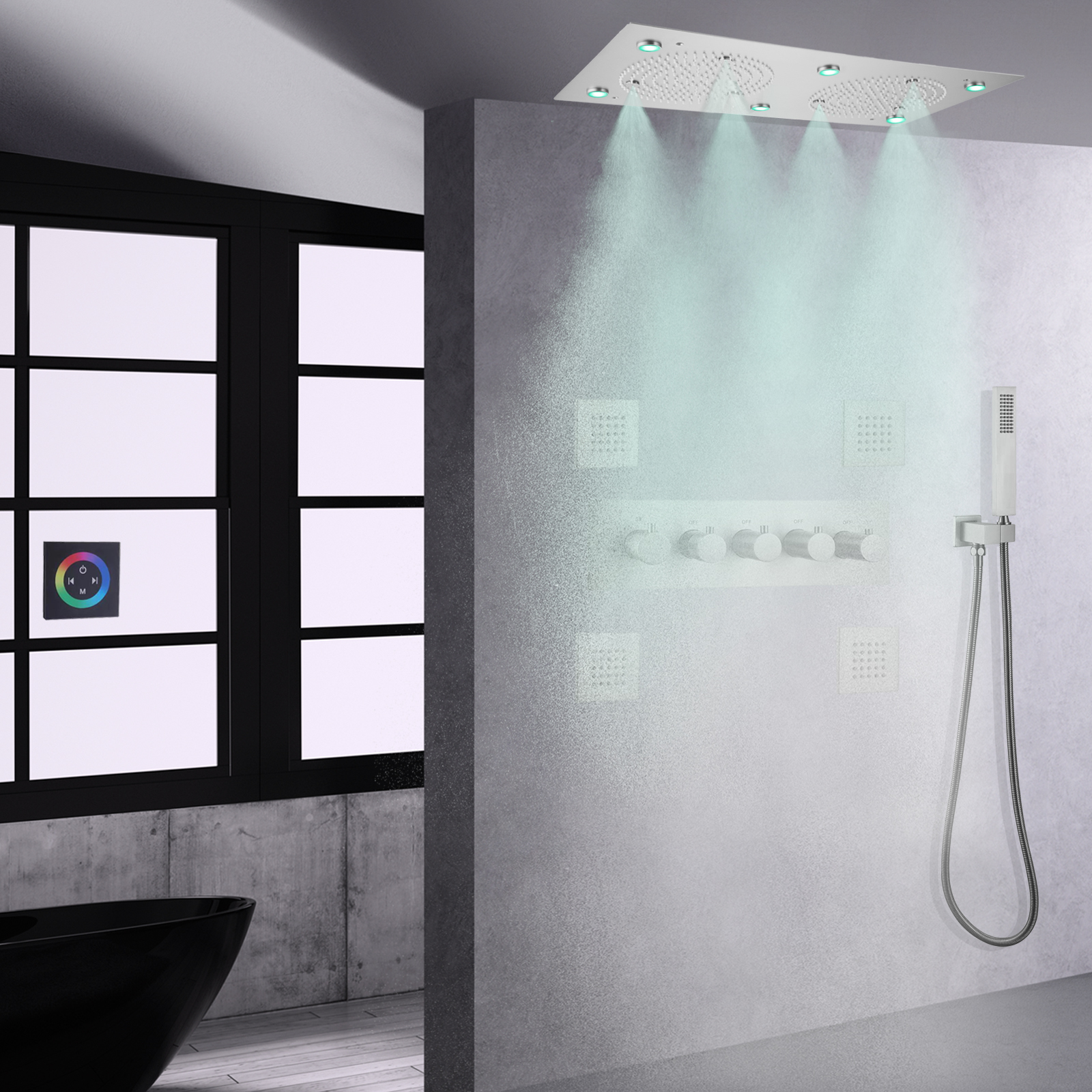 Brushed Nickel Shower Head LED Thermostatic High Flow Rain Mist Shower Panel Massage Handheld Shower