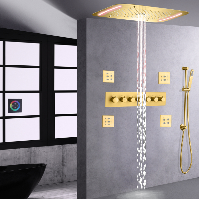 Brushed Gold Bath Shower 71X43 CM LED Bathroom Luxury High Flow Shower Thermostatic Rainfall Concealed Shower System