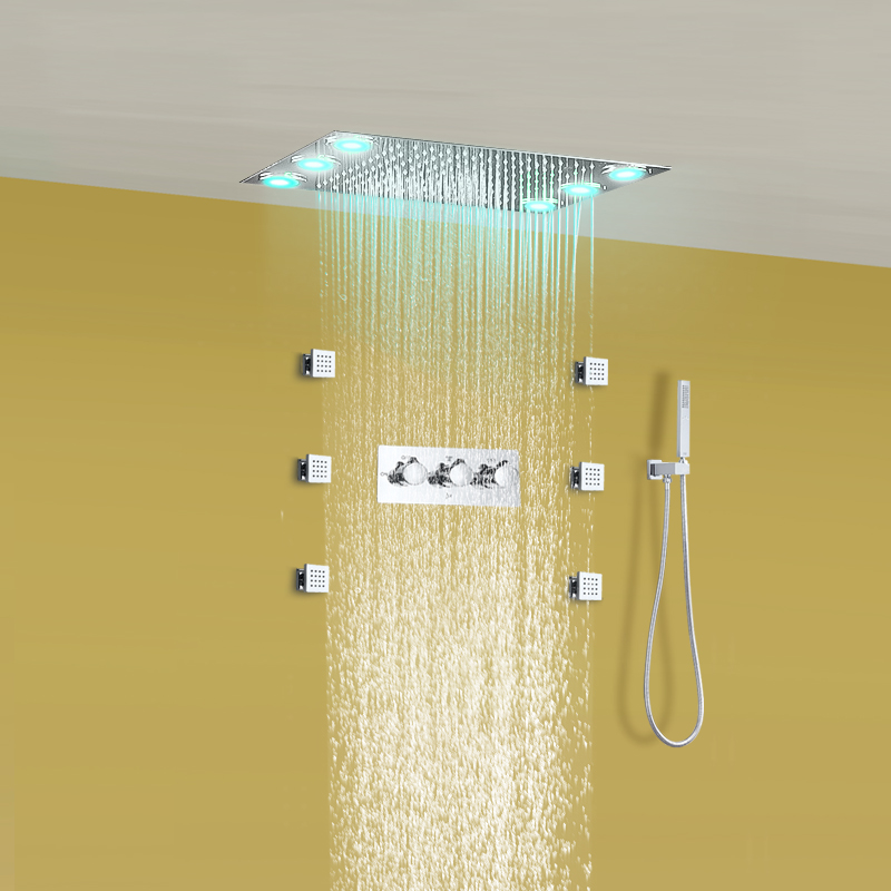 Recessed rainfall shower head led square shower set 6 body jets 304 stainless steel bath accessories hand shower