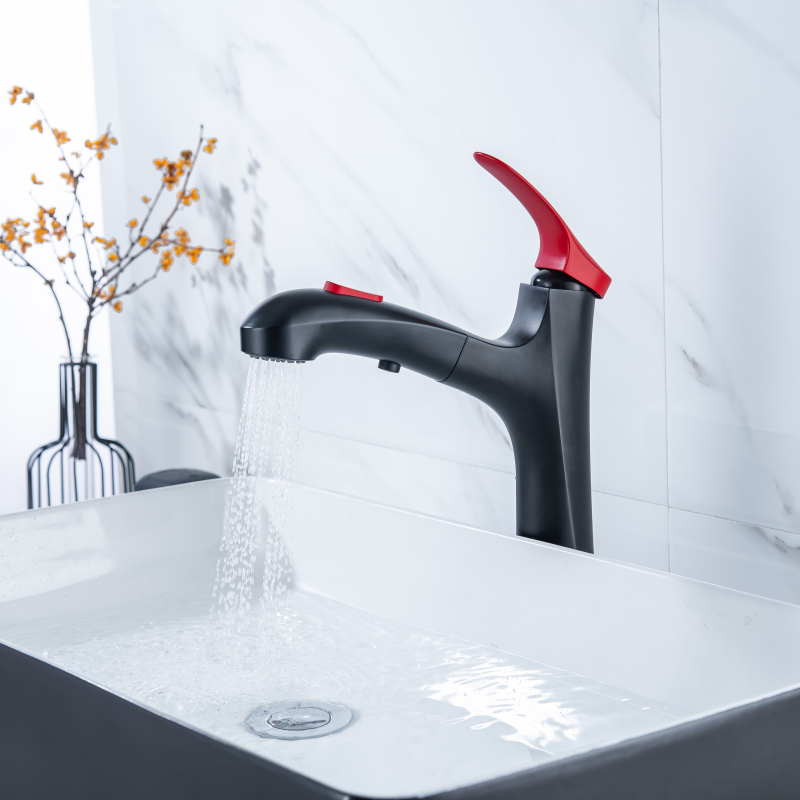 New Style Black + Red Basin Mixer Sink Mixer Single Handle Pull Easy Easy Out Faucet Skillful Design