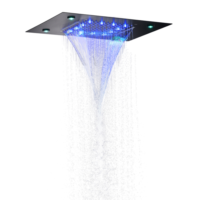 Matte Black Shower Mixer 50X36 CM LED 7 Colors Bathroom Bifunctional Waterfall Rainfall With 3 Color Temperature Changing