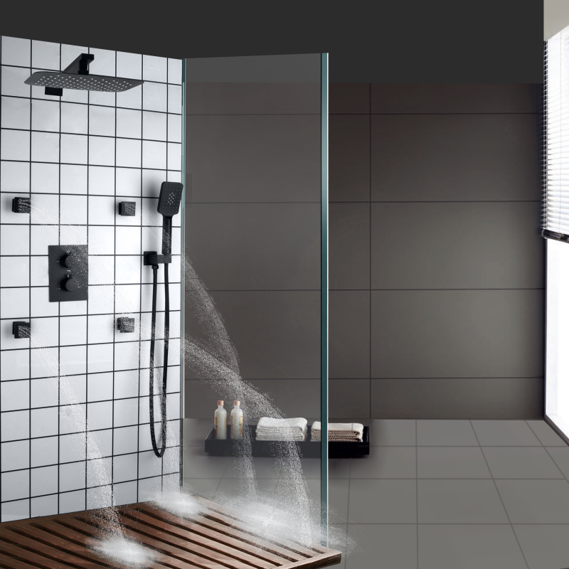 Matte Black Shower Faucets Set 30X20 CM Bathroom Thermostatic Rainfall With Three-Function Hand Shower