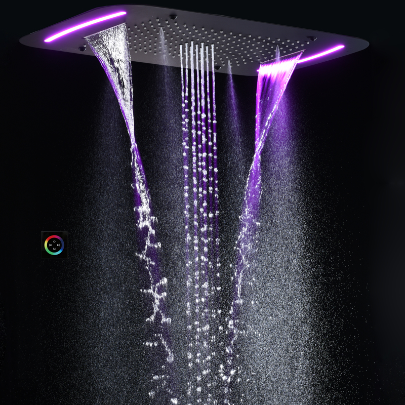 Fashion Matte Black 71X43 CM Bathroom Shower Head With LED Control Panel Multi Function Shower Waterfall