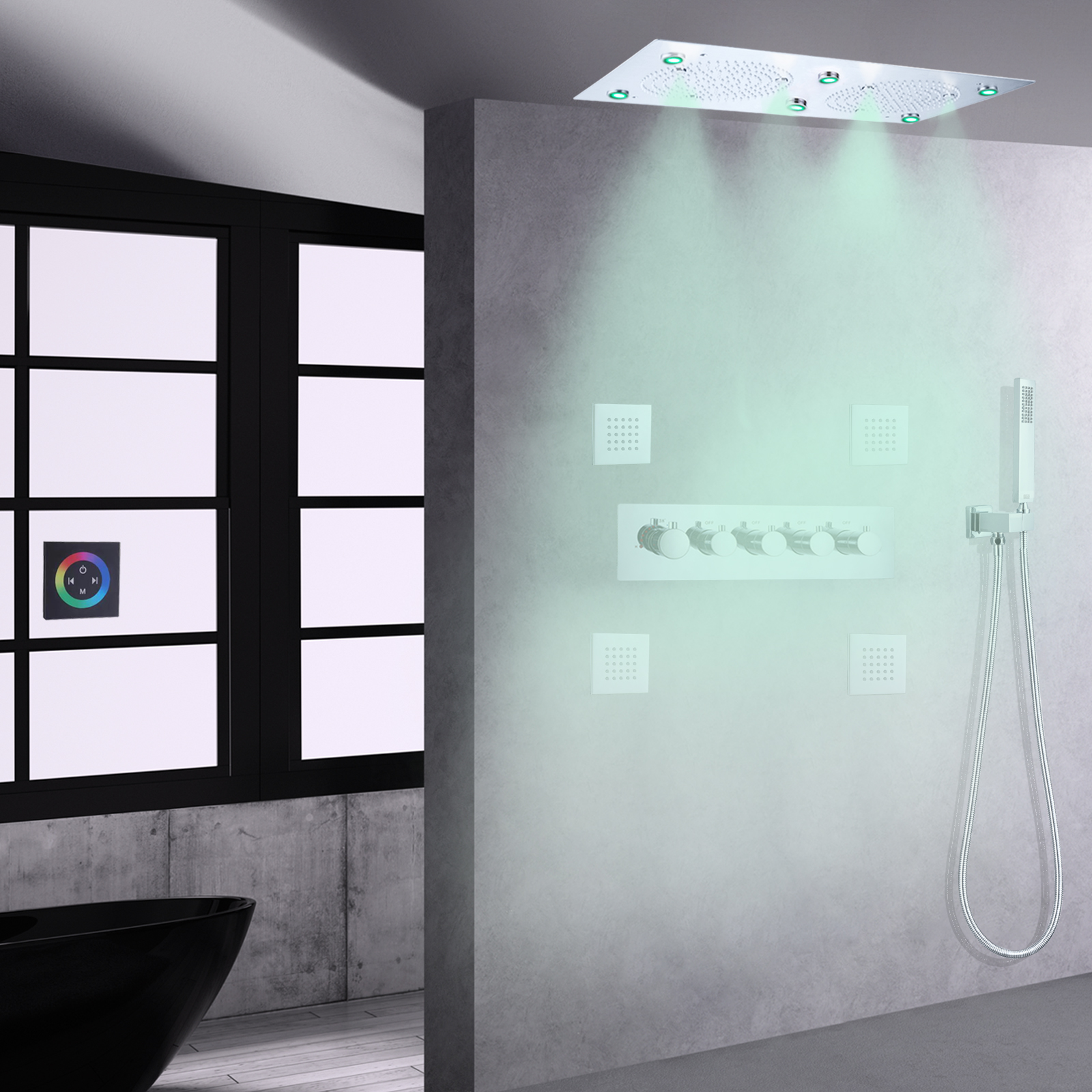 Chrome Polished LED Bath Shower Faucet Set Bathroom Thermostatic Multifunction Shower System