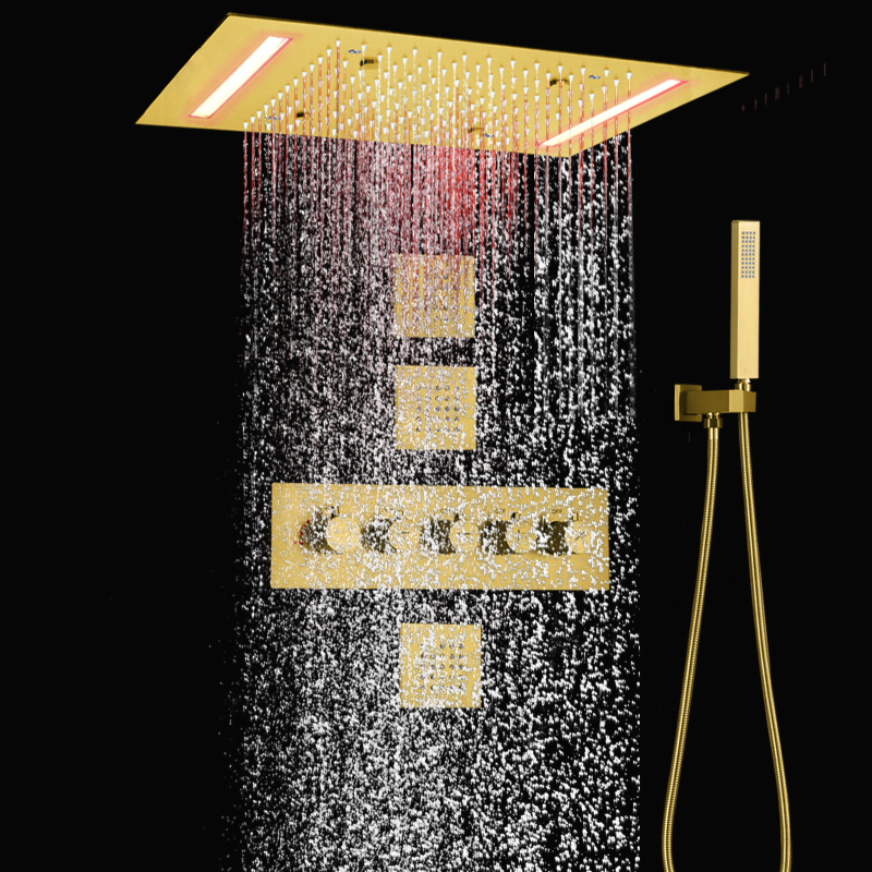 Brushed Gold LED Shower System Set 14 X 20 Inch Ceiling Atomizing Rainfall Shower Set Thermostatic