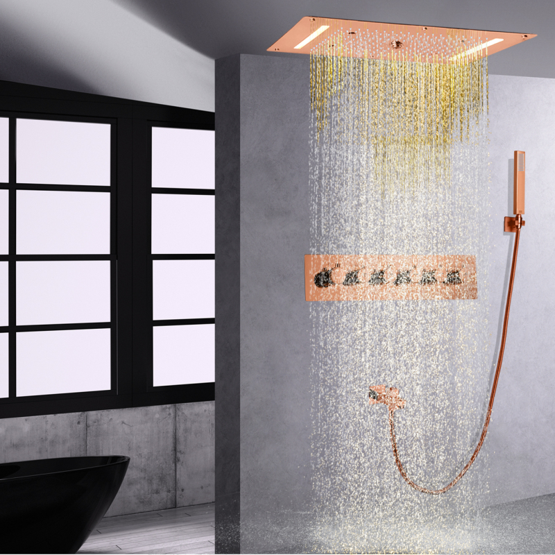Rose Gold Rain Thermostatic LED Shower Head Concealed Ceiling Bath Shower Set With Handheld