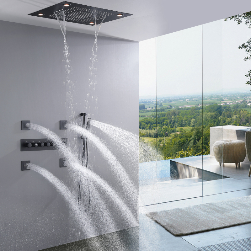 Luxury Thermostatic Black Concealed Rain LED Shower Head With Handheld Spray Jets Waterfall