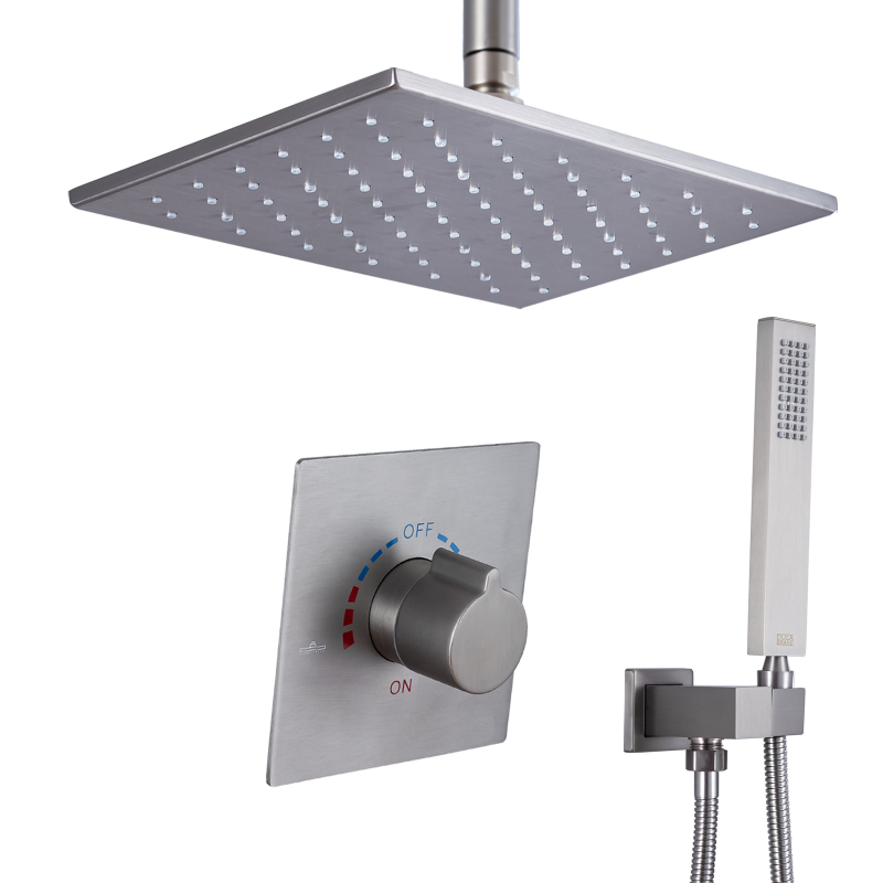 Brushed Nickel Bathroom Shower Faucet Set 28X18 CM Rain LED Color Changing Ceiling Shower Head