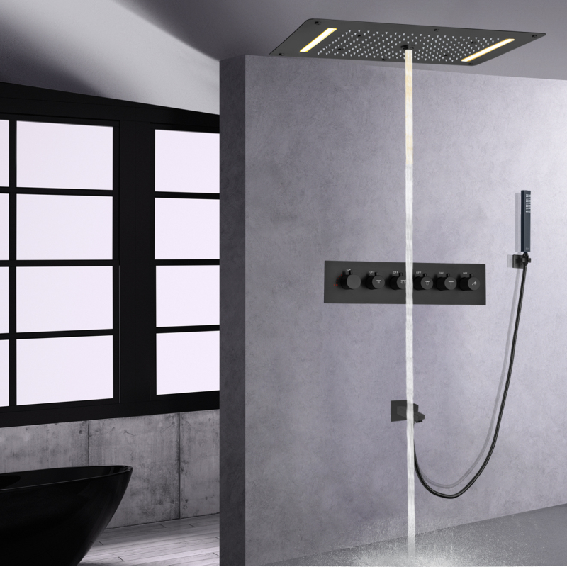 Matte Black LED Thermostatic Shower Faucet Set Bathroom Ceiling Panel Waterfall Spray Bubble Rain With Handheld