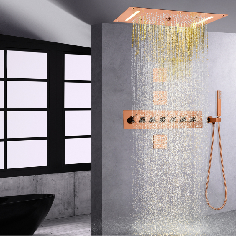 700X380 MM Rose Gold Rain Thermostatic Shower Head With Handheld Spray LED Bathroom Shower Faucets Set
