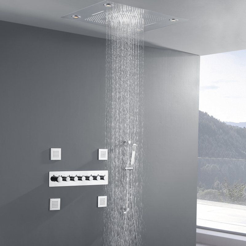 Brushed Nickel 24 X 31 Inch Remote LED Control Ceiling Rain Shower Head With Handheld Spray Thermostatic