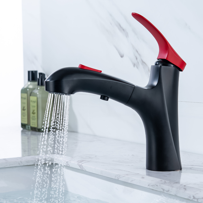 Matte Black Bathroom Faucet Red Handle Basin Mixer Full Out Double Water Functions Head Contemporary Sink Mixer