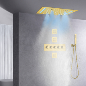 Brushed Gold Rain Shower Head With Handheld Sprays Thermostatic Bath & Shower Set 14 X 20 Inch Ceiling LED Top Shower Faucet