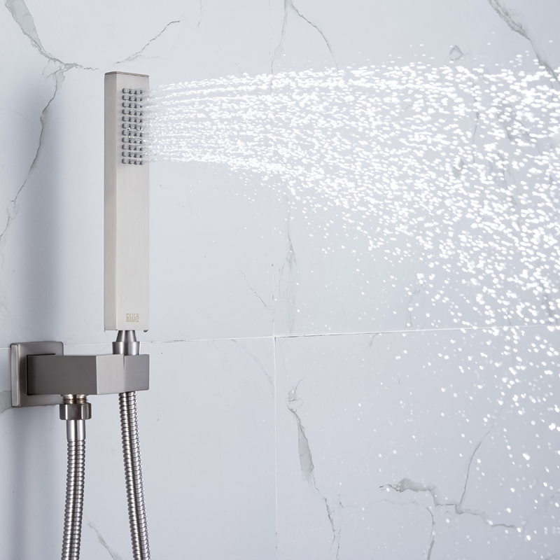 Brushed Nickel Thermostatic Shower Faucet 14 X 20 Inch LED Luxury Bathroom Rain Mist Shower System Set