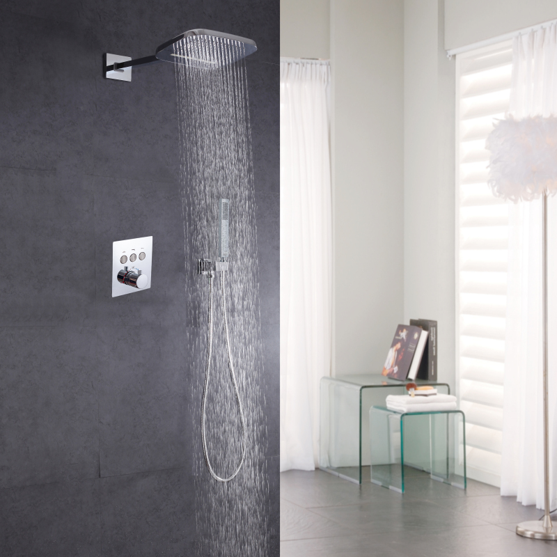 Thermostatic Conceal Shower Set Chrome Polished Waterfall And Rain Shower Head All Functions Can Be Work Together Together