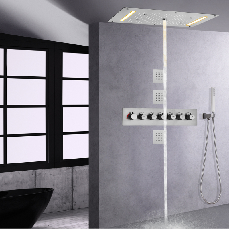 700X380 MM Brushed Nickel LED Shower Head With Handheld Spray Thermostatic Shower System Set For Bathroom