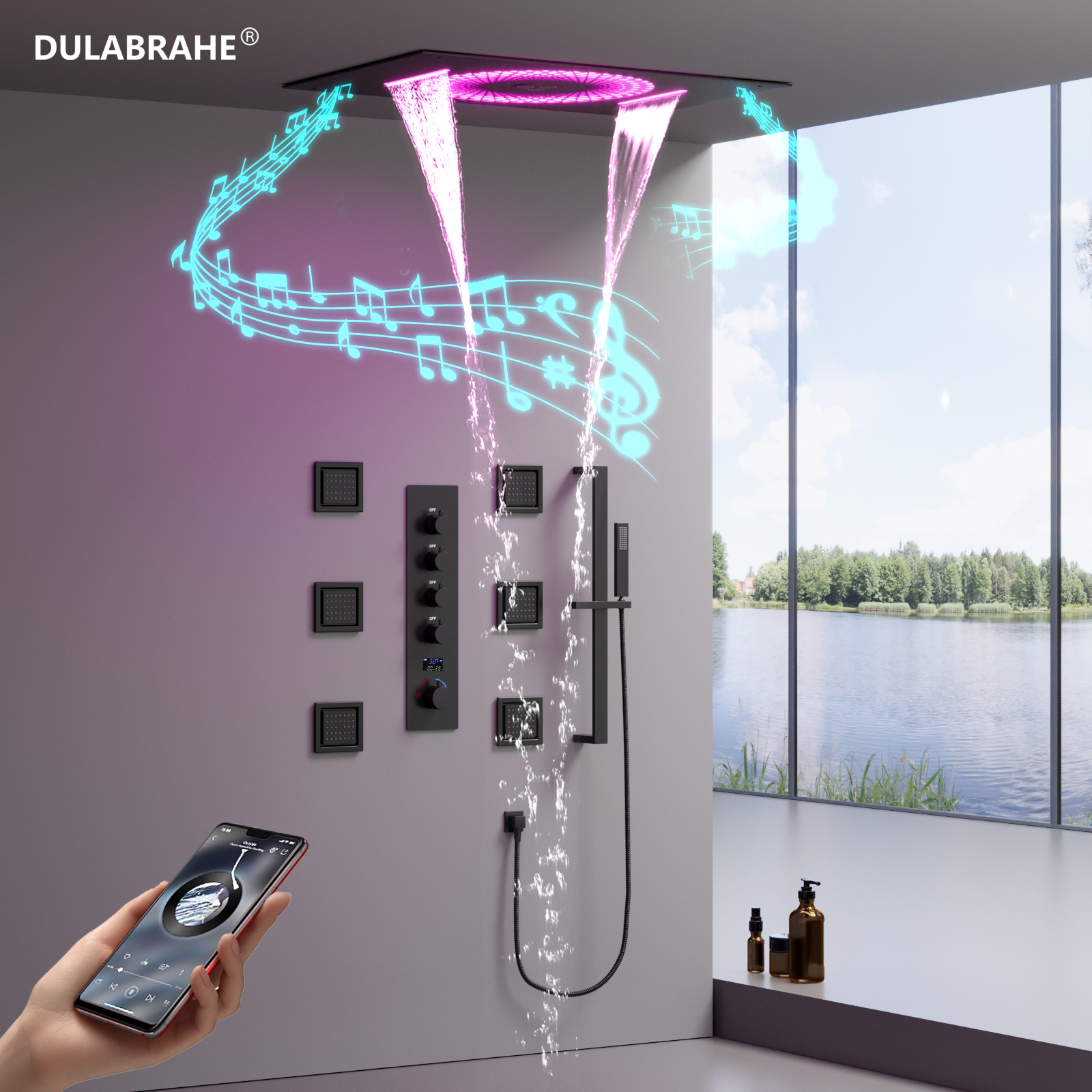 Music Ceiling Color-changing Led Shower Head Recessed Water Column Waterfall Shower Head Temperature Display Hot And Cold Shower Faucet Set