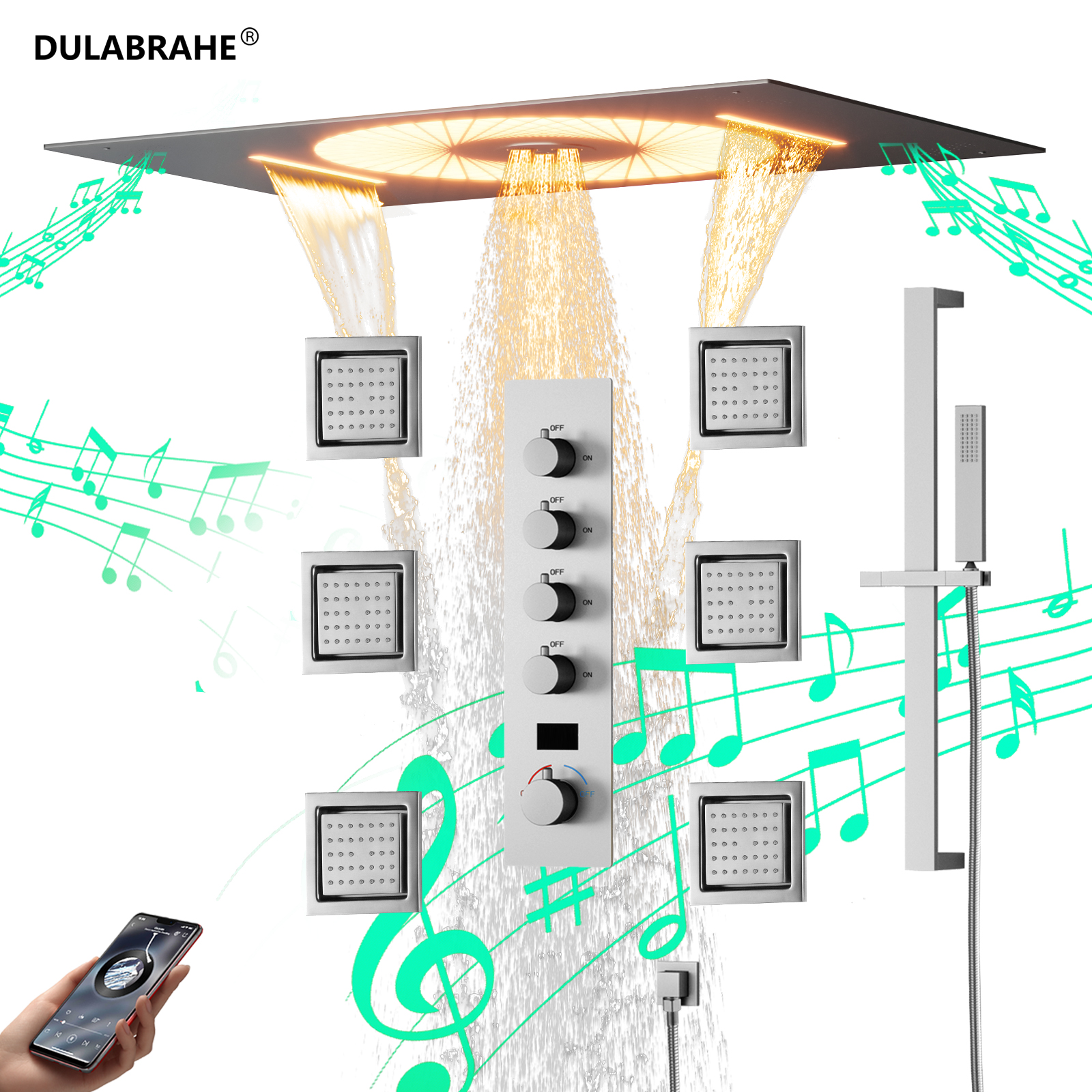 Modern Home Bathroom Vertical Hot & Cold with Digital Display Music LED Shower Head System with Lifting Lever Handheld Faucet Set