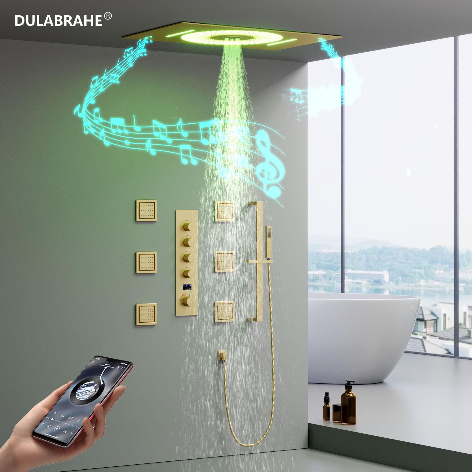 DULABRAHE60x40.5CM Sky City LED Hot & Cold Flow Shower Set System Water Column Waterfall Shower Music Bathtub Set