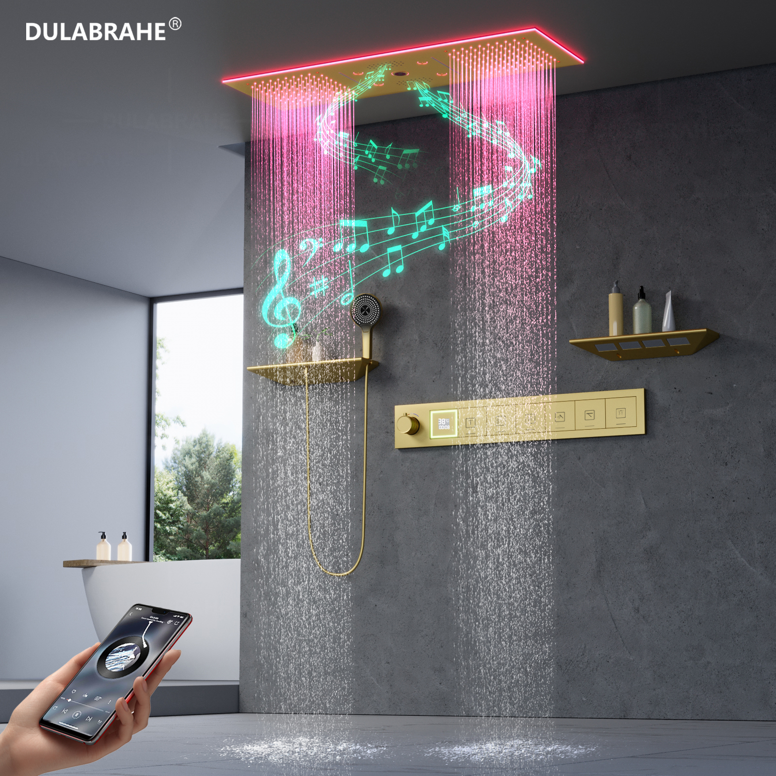 Brushed Gold Bathroom Constant Temperature High Flow Shower Led Light Shower Head with Speaker Waterfall Rainforest System