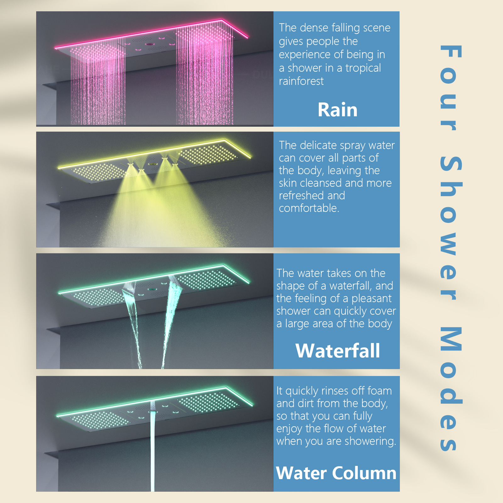 led rainfall waterfall shower head