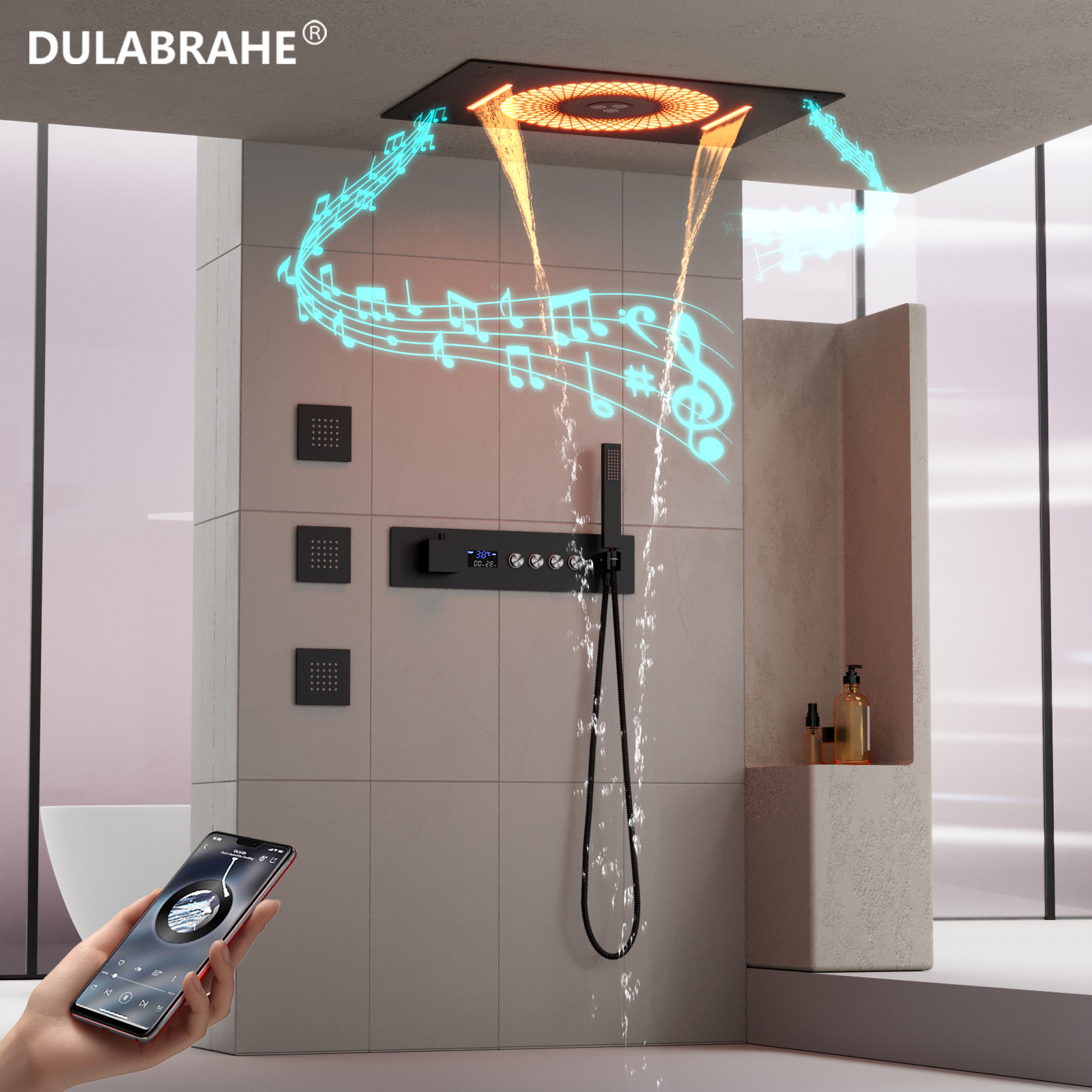600X405MM Top Spray Shower Head with Music Speakers LED Waterfall Jet Bath Thermostat Shower Faucet Set