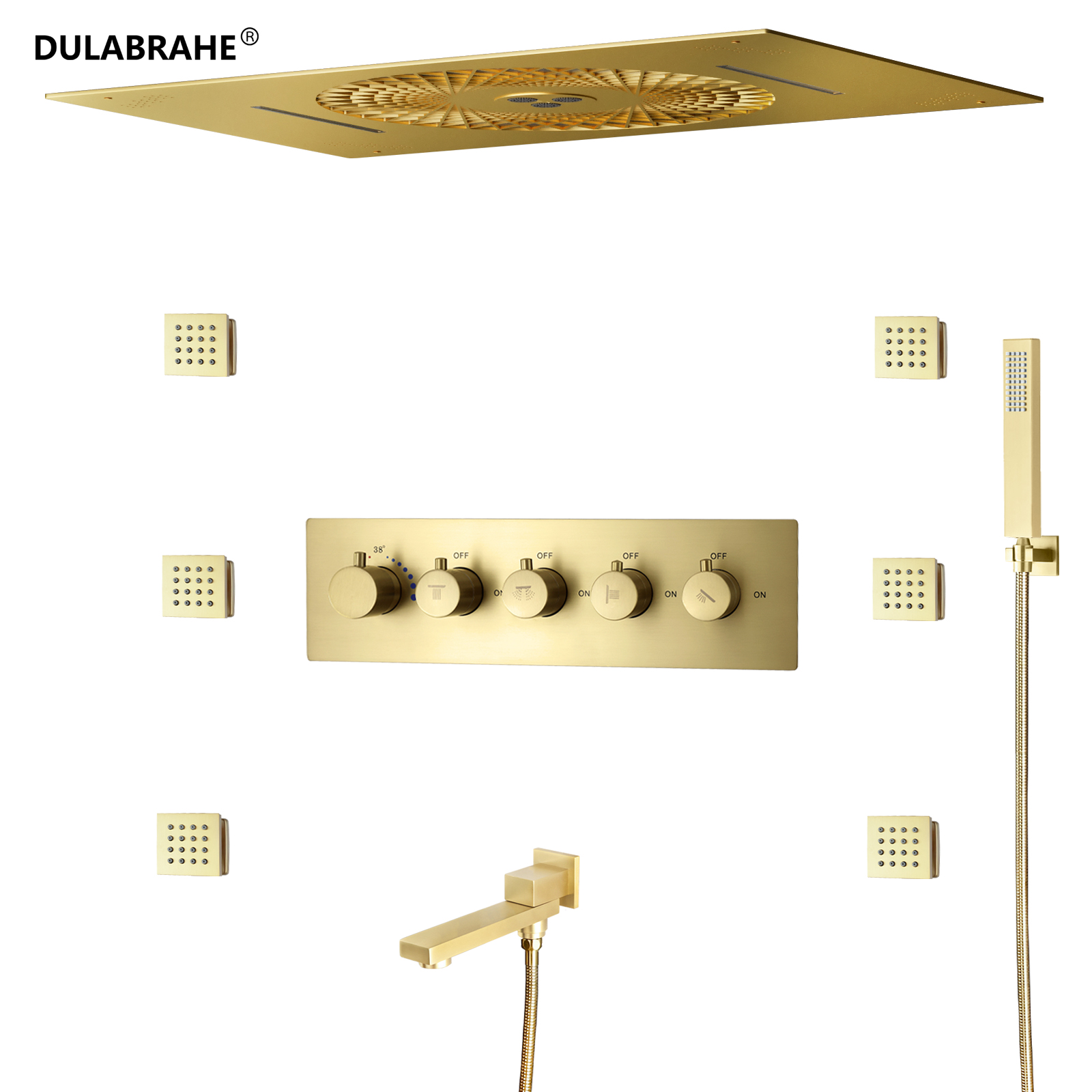 Brushed Gold Brass Shower Thermostat Set, LED Musical Tub Shower Faucet System, Side Spray Head, Massage Spa