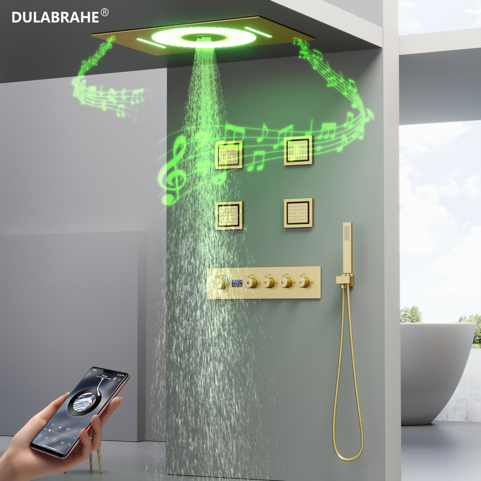 Brushed Gold Music LED Shower System Rain Shower Head Set with Digital Hot And Cold Mixing Valve