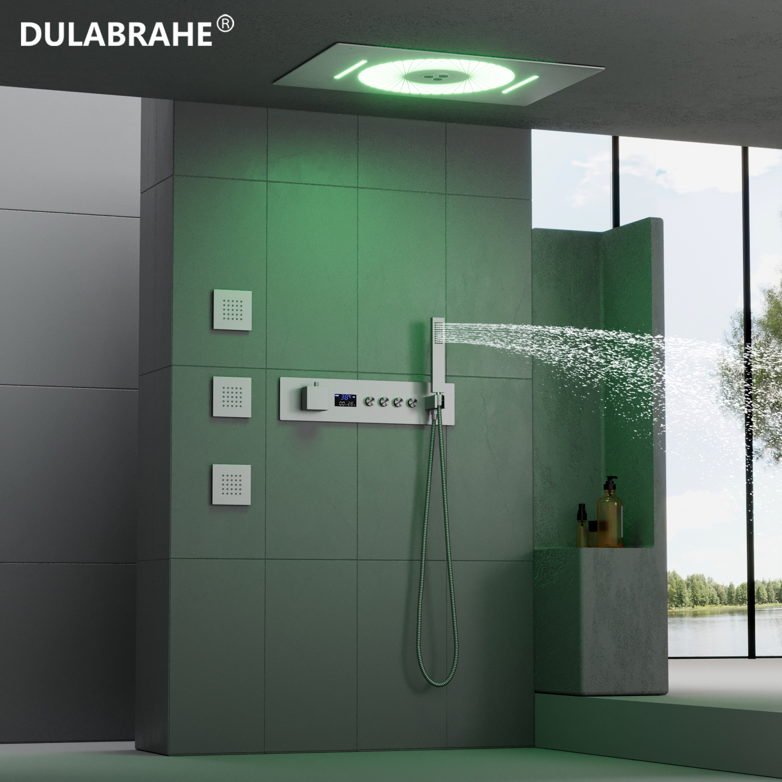 Ceiling Recessed Brushed LED Shower Head with Digital Display Waterfall Column Bathroom Thermostatic Shower Head Set System