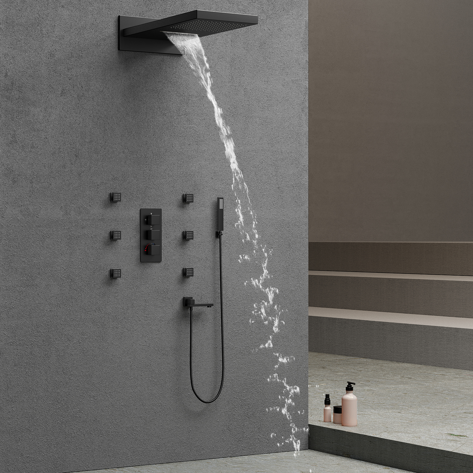Black Shower Head Set Rain Gauge Bathroom Wall Mounted Brass Faucet Bathtub Waterfall Shower Faucet System