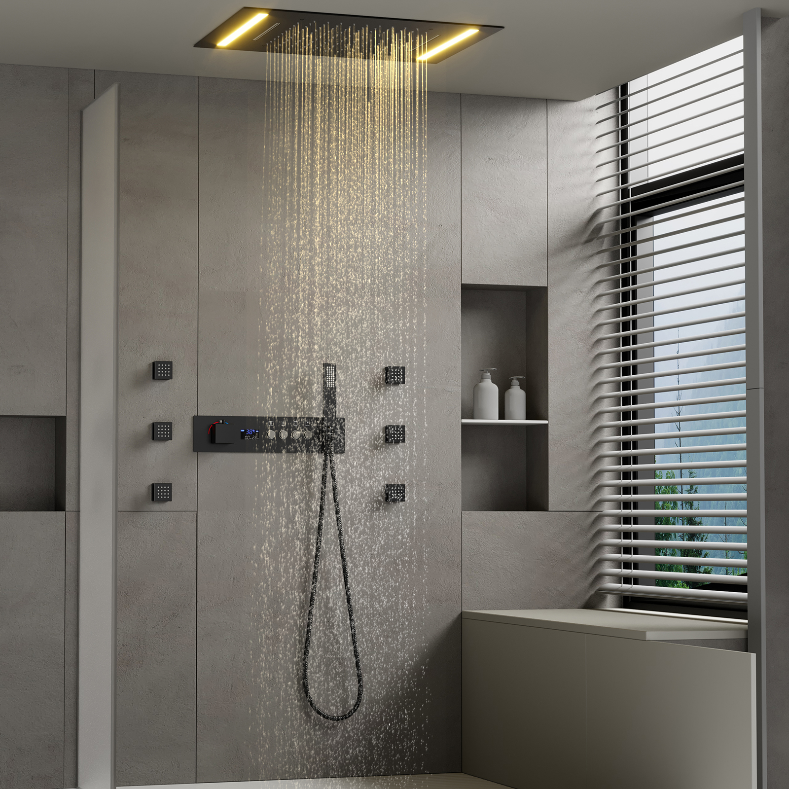 Modern Bathroom LED Shower Head 500*360MM Rain Shower Waterfall Ceiling Type Thermostatic Shower Valve Set