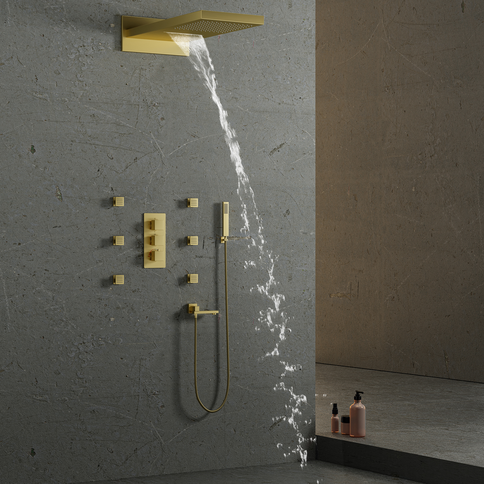 Luxury Gold Shower Head Set Shower Mixer Shower Rain Waterfall with Handheld Modern Square Faucet