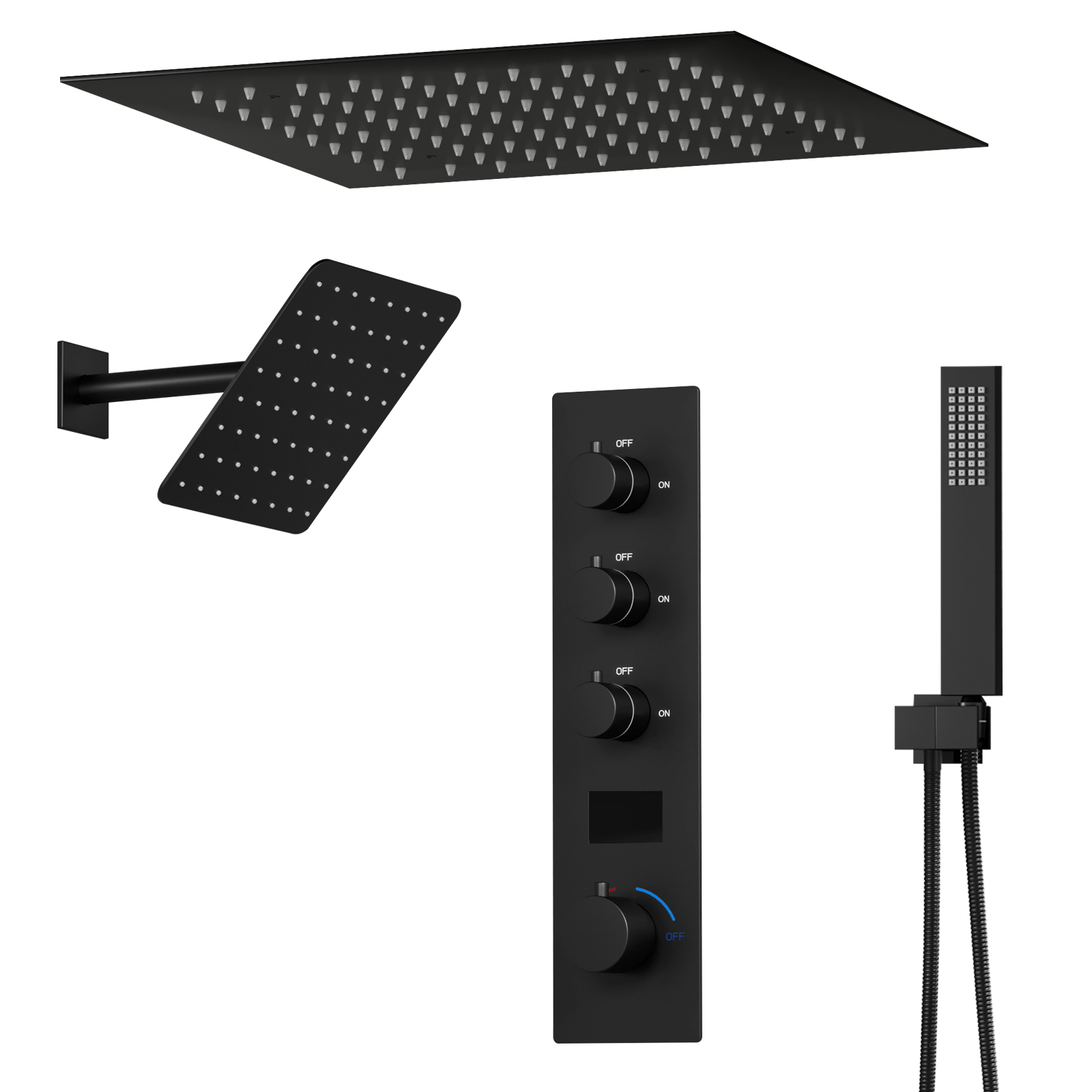 Bathroom Luxury Square LED Black Shower Head Set Rain Mist Thermostatic Ceiling Shower System
