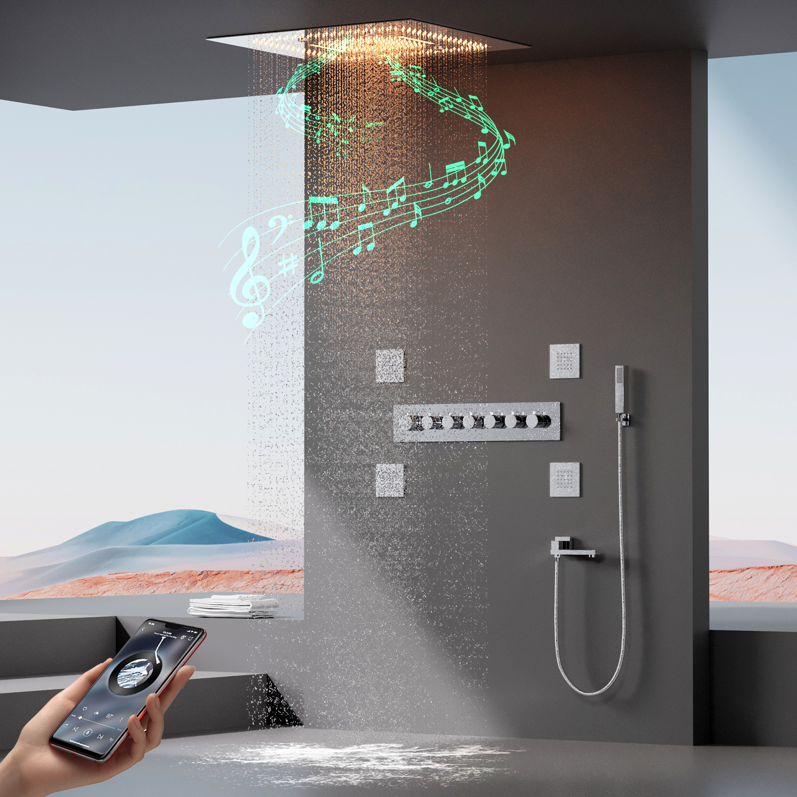 Shower Tap Set Bathroom 18" Rain And Spa Fog Ceiling Showerhead with Thermostat Shower Valve Body