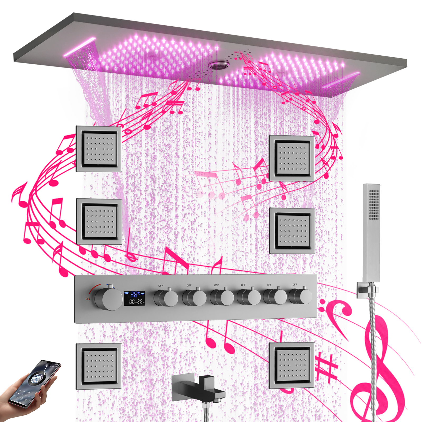 Ceiling Mounted LED Shower Head with Built-in Music Speaker, Digital Display Shower Valve System, Bathroom Shower Faucet Set