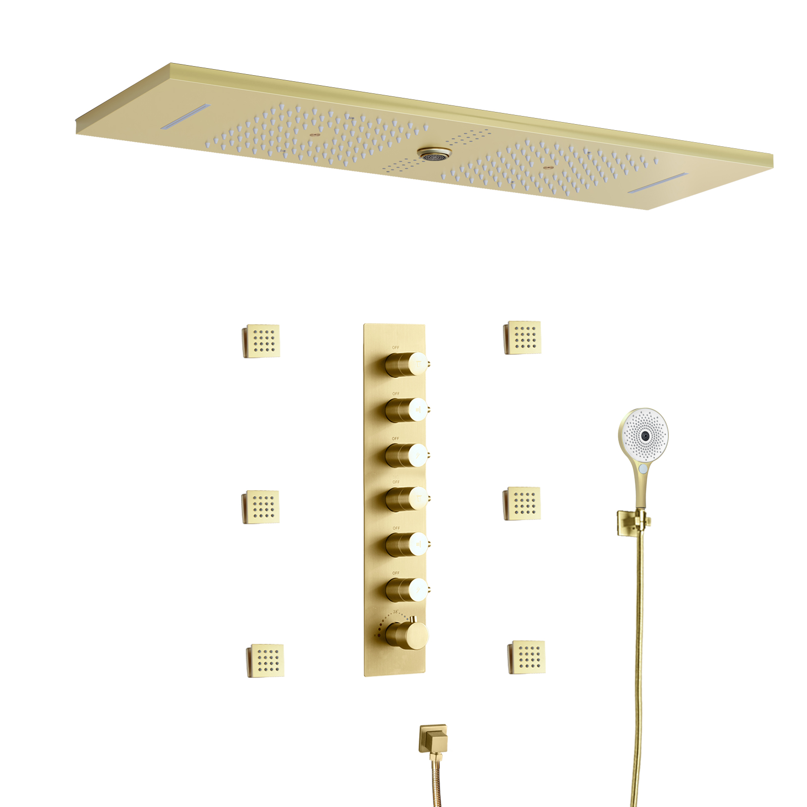 LED Bathroom Brushed Gold Shower Head System Rain Shower Waterfall System Thermostatic Shower Faucet Set