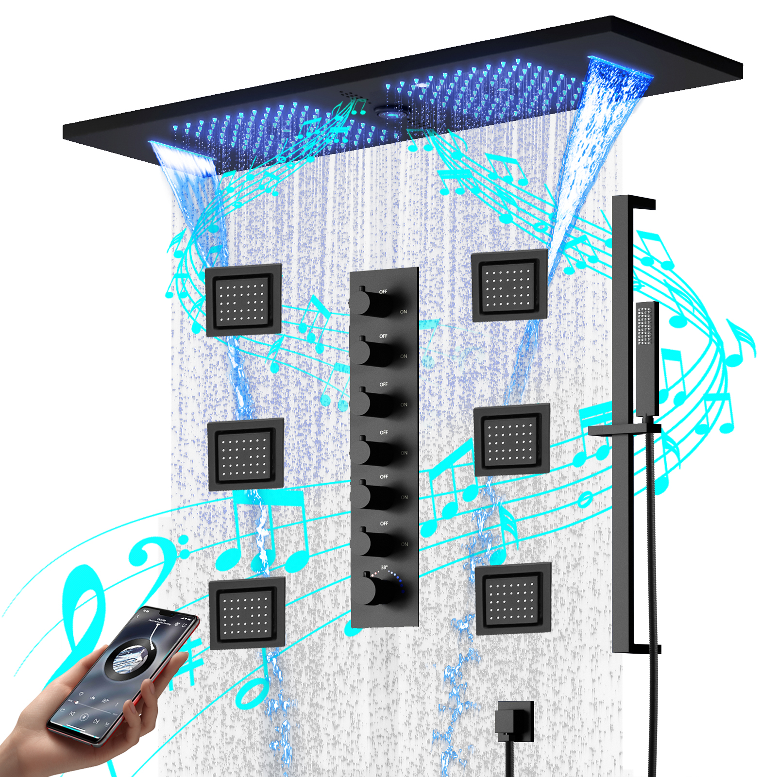 LED Shower Set Ceiling Embedded Rain And Waterfall Shower Head with Music Speaker Bathroom Shower Faucet And Valve