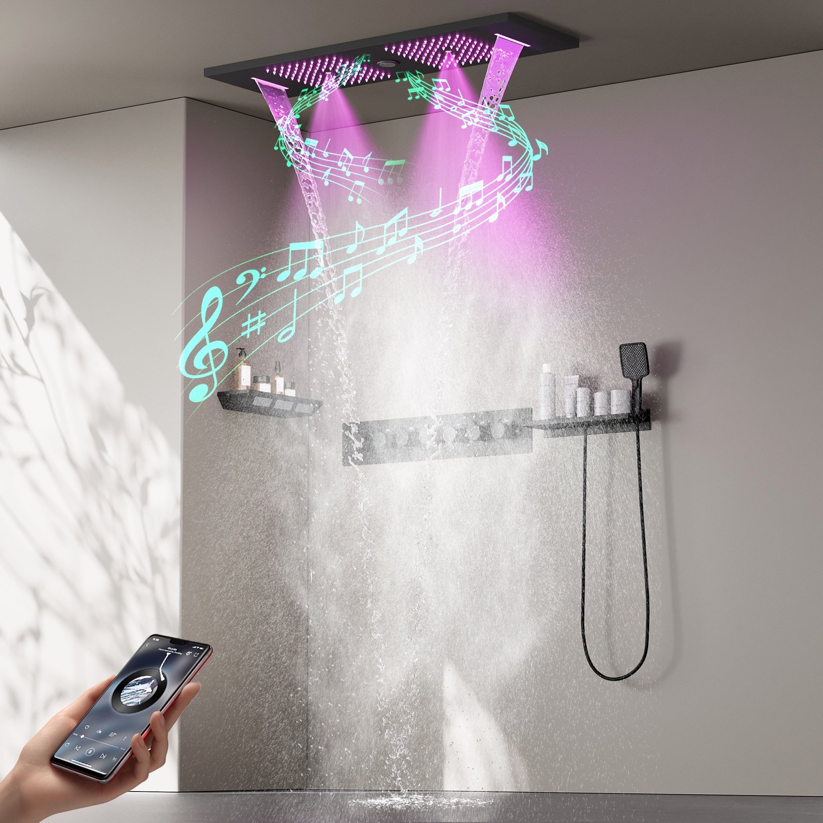 90x30Cm LED Light Square Brass Music High Pressure Rain Shower Top Sprayer Shower Faucet And Valve