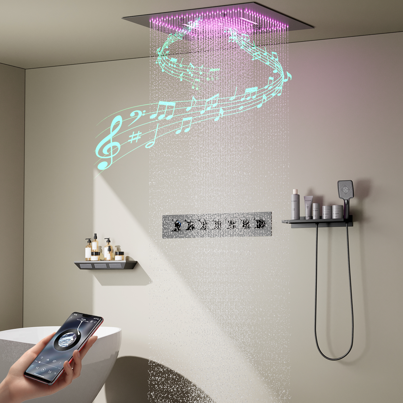 Bathtub Spa Gun Grey LED Shower Head Rain Shower Waterfall Multifunctional Recessed Ceiling Music Shower Set