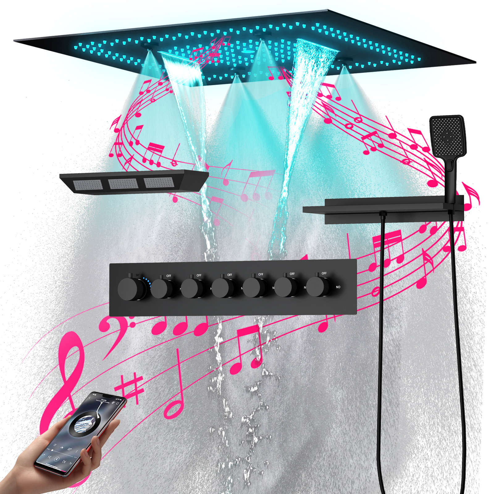 600*600mm Bathroom Ceiling LED Constant Temperature Shower Head Set with Rain Waterfall Multifunctional Shower Faucet Kit