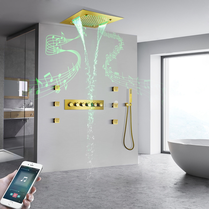 Ceiling Mounted SUS304 500*500 LED Music Shower Head Rainfall Waterfall Mist Thermostatic Brass Body Bathroom Shower Faucet Set
