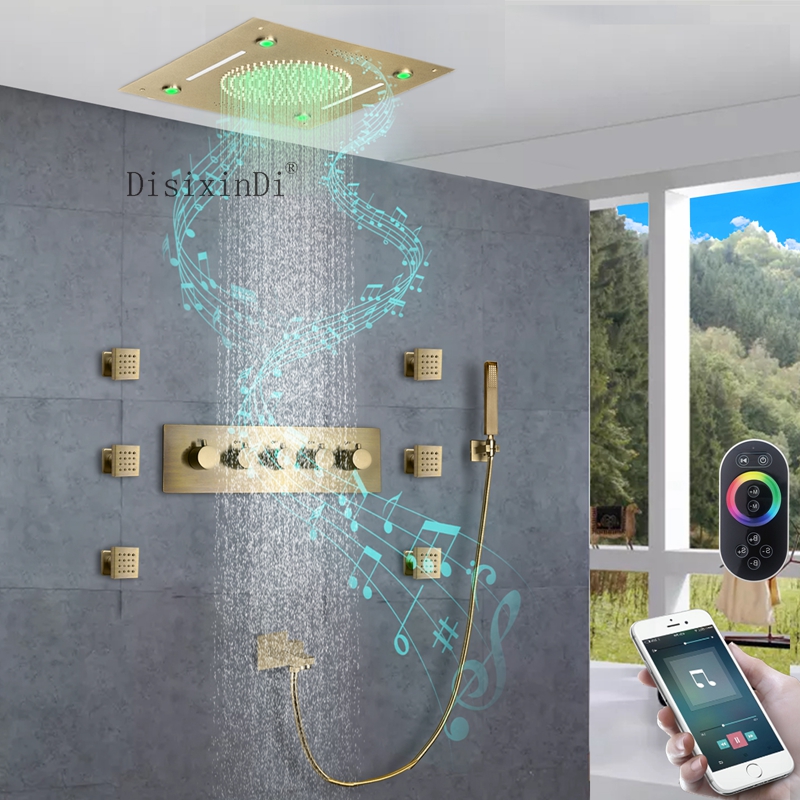 LED Shower System with Music Speaker 16 Inch Ceiling Mounted Rain Waterfall Showers Bathroom Thermostatic Led Shower Set
