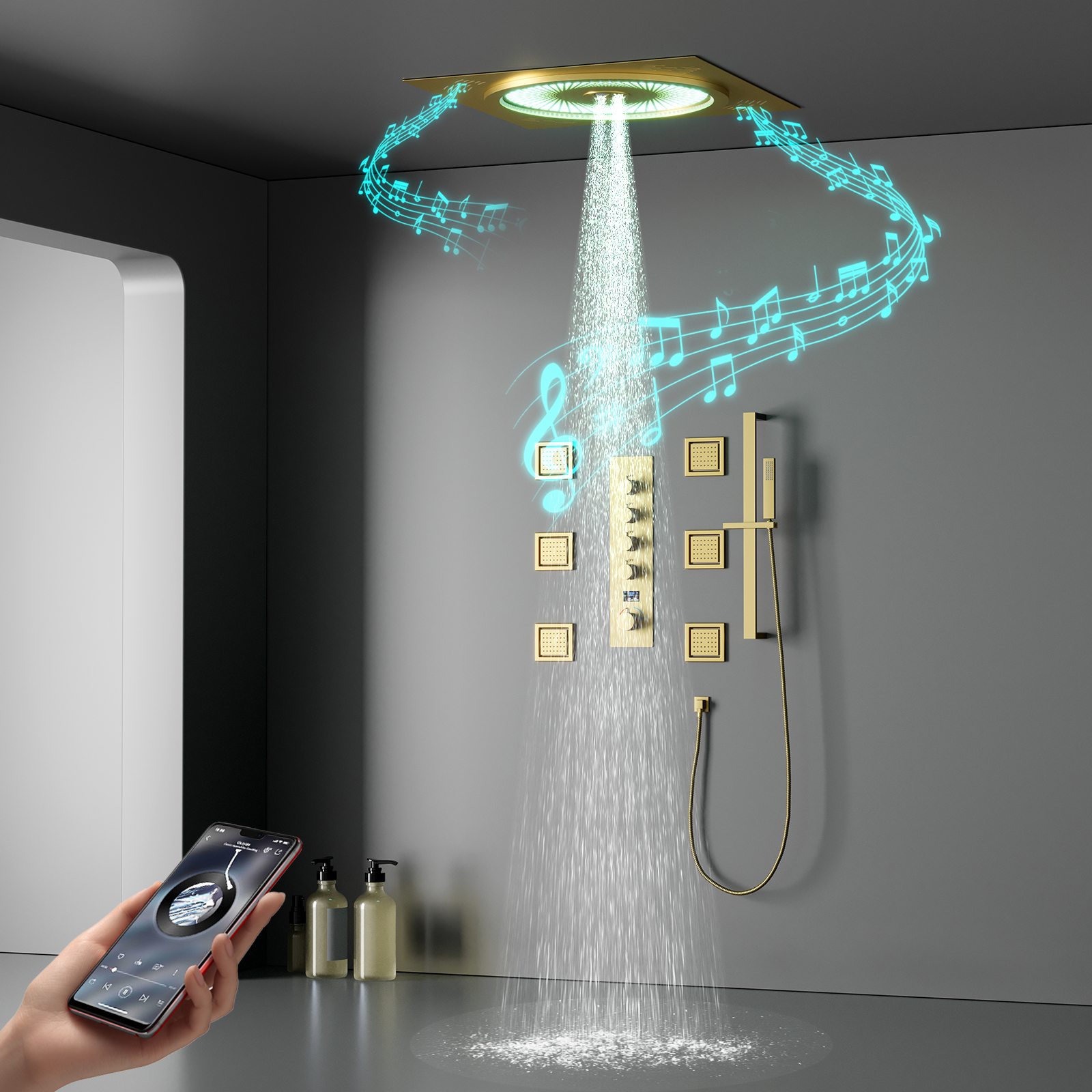 500*500mm Large Smart Shower Ceiling Embedded Bathroom Brushed Gold LED Music Constant Temperature Rain Shower Column