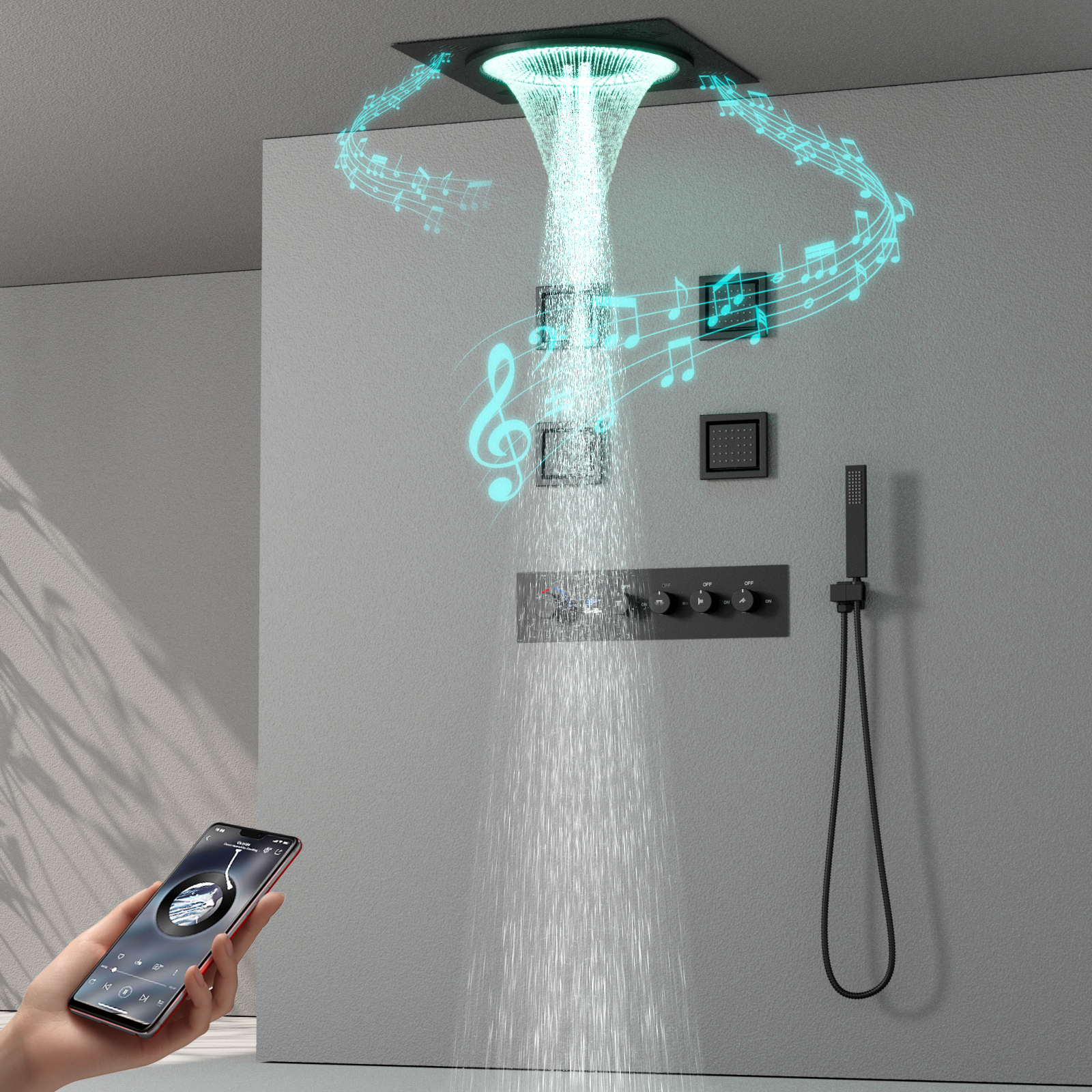Whole Body Thermostatic Shower System LED Music Rain Shower Shower System Ceiling Mounted Water Bathroom Faucet