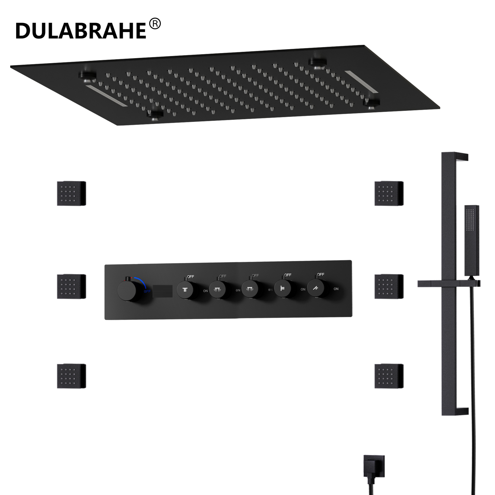 Faucet Set, Digital Display, LED Hot And Cold Mixing Valve, Matte Black Ceiling, Rain Shower, Hidden Shower, with Handheld Showerhead