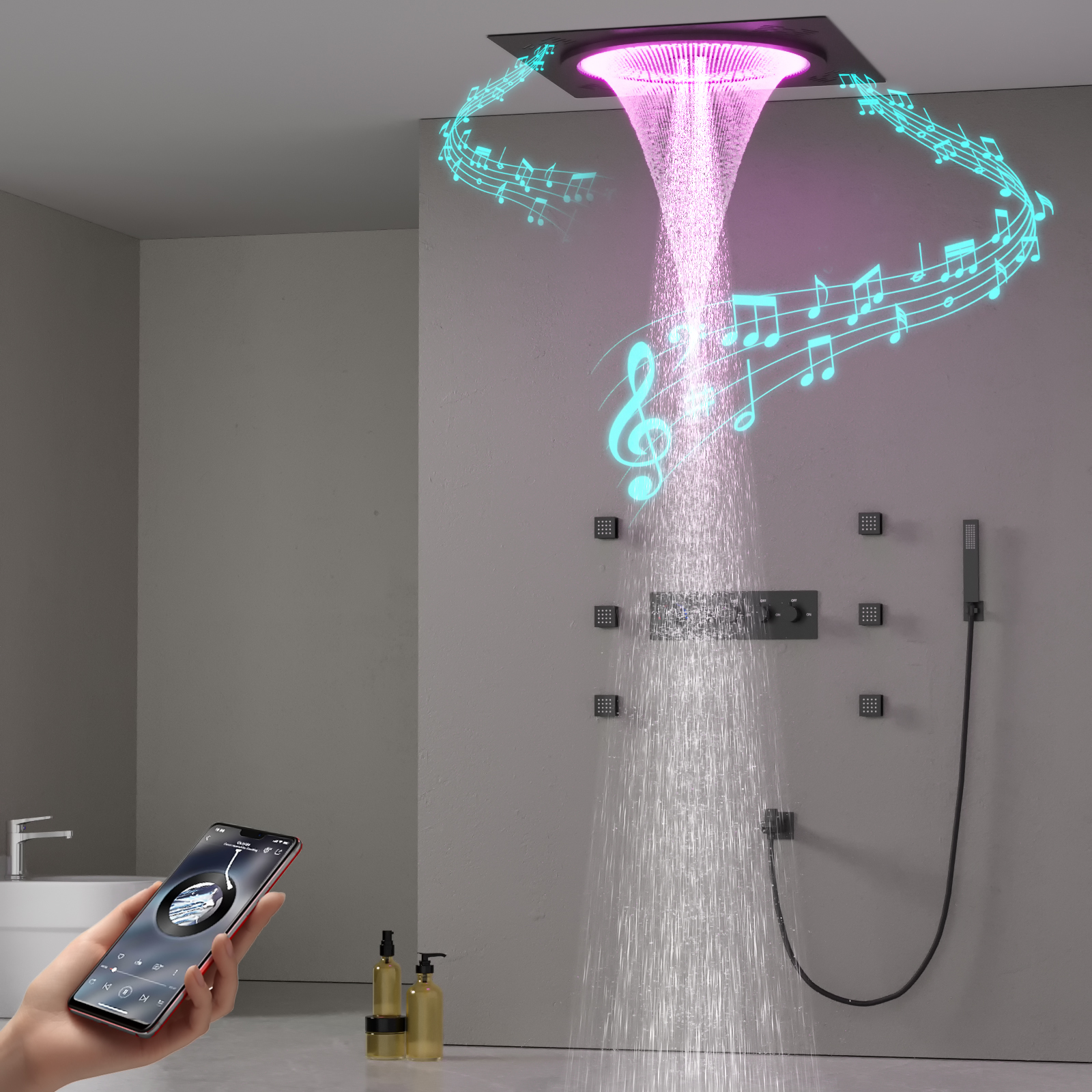 Bathroom LED Music Rain Column Suspended Ceiling Shower Head Concealed Square Shower Head Set