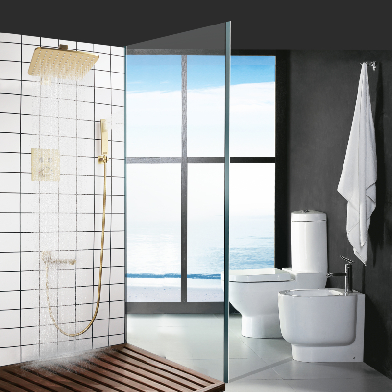 Brushed Gold Thermostatic Shower Set Faucets Bathroom Press Button Shower Top Rainfall With Handheld Shower Arm