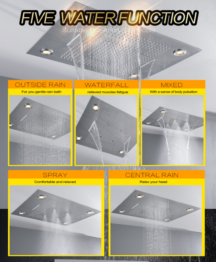 Brushed Nickel 80X60 CM Bathroom Shower Faucet With LED Control Remote Panel Rainfall Concealed Shower Waterfall