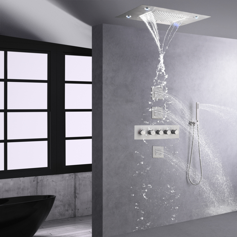 Brushed Nickel Rain Shower Head With Handheld Spray Thermostatic 14 X 20 Inch LED Waterfall And Rain Combo Set